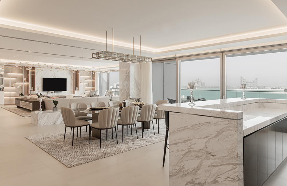 W Residence The Palm Jumeirah Luxury Dining Room With Sea View- Ashtaar Interior Design